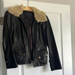 Banana Republic Black and Tan Leather Jacket with Fur Collar